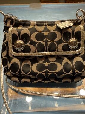 Coach Black and Tan Signature Crossbody with Metallic Trim